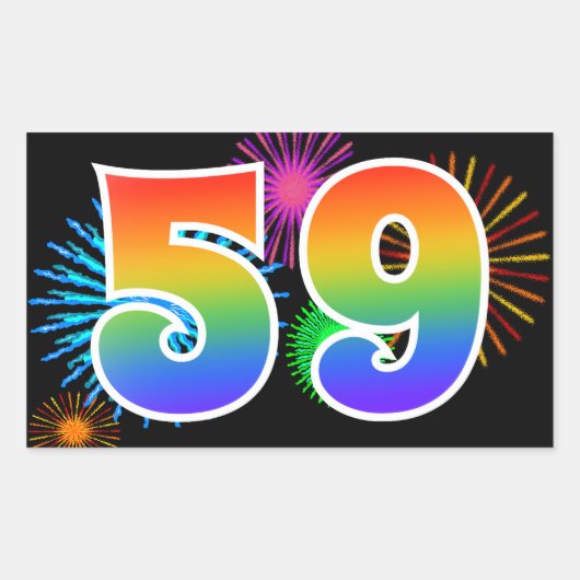 Leuke Vuurwerk + Regenboog Patroon "59" Evenement  Rechthoekige Sticker (Voorkant)