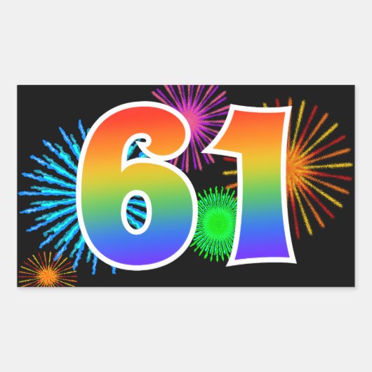 Leuke Vuurwerk + Regenboog Patroon "61" Evenement  Rechthoekige Sticker (Voorkant)