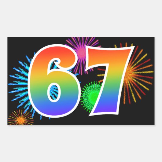 Leuke Vuurwerk + Regenboog Patroon "67" Evenement  Rechthoekige Sticker (Voorkant)