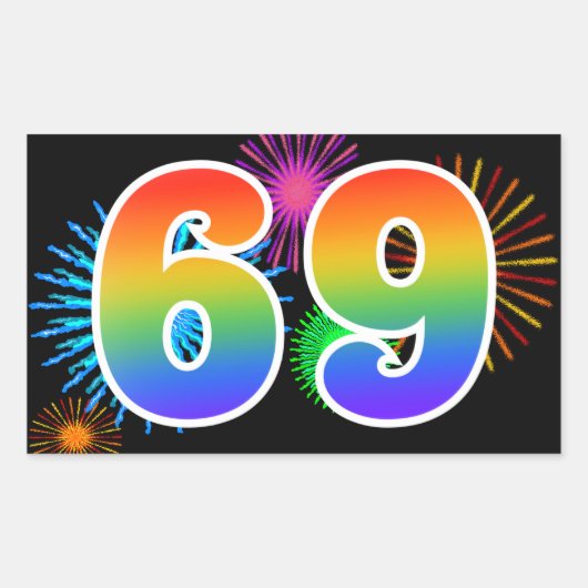 Leuke Vuurwerk + Regenboog Patroon "69" Evenement  Rechthoekige Sticker (Voorkant)
