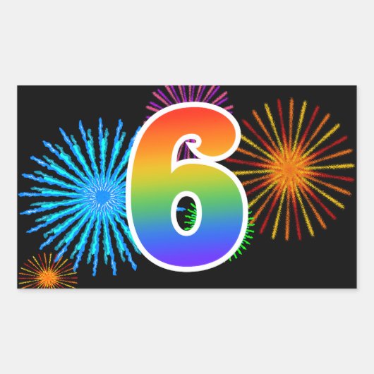 Leuke Vuurwerk + Regenboog Patroon "6" Evenement N Rechthoekige Sticker (Voorkant)