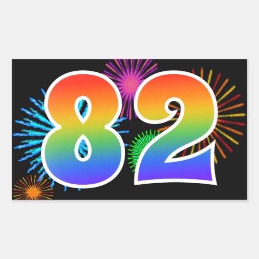 Leuke Vuurwerk + Regenboog Patroon "82" Evenement  Rechthoekige Sticker (Voorkant)