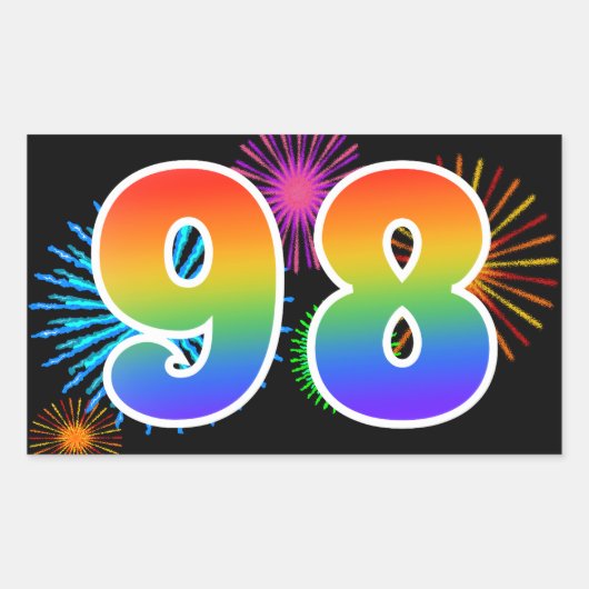 Leuke Vuurwerk + Regenboog Patroon "98" Evenement Rechthoekige Sticker (Voorkant)