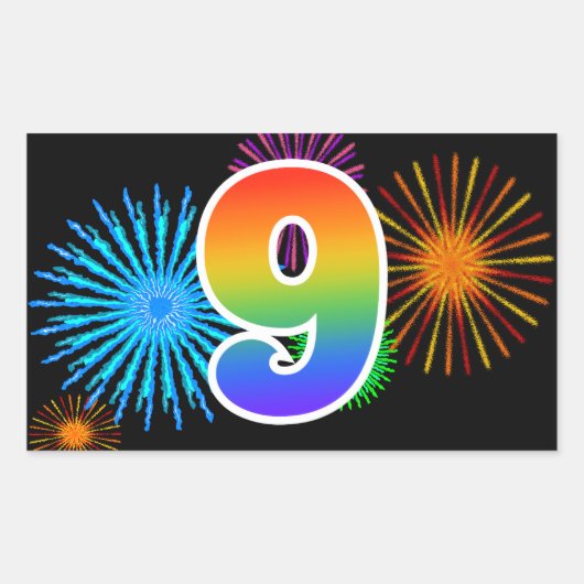 Leuke Vuurwerk + Regenboog Patroon "9" Evenement N Rechthoekige Sticker (Voorkant)