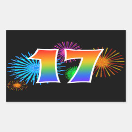 Leuke vuurwerk + regenboogpatroon "17" evenementnu rechthoekige sticker