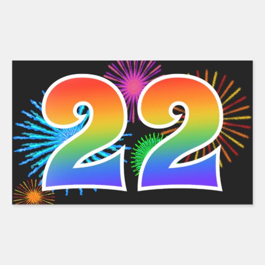 Leuke vuurwerk + regenboogpatroon "22" evenementnu rechthoekige sticker (Voorkant)