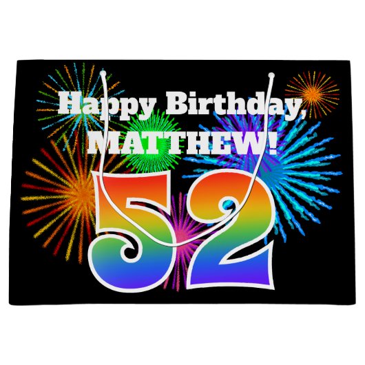 Leuke vuurwerk + regenboogpatroon "52" Verjaardag Groot Cadeauzakje (Voorkant)