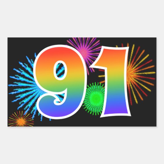 Leuke vuurwerk + regenboogpatroon "91" evenementnu rechthoekige sticker (Voorkant)