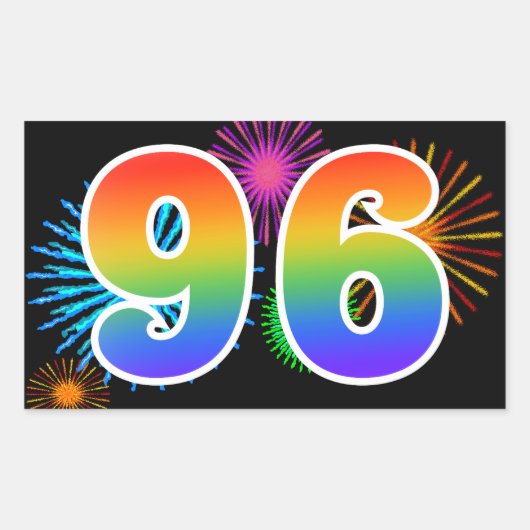 Leuke vuurwerk + regenboogpatroon "96" evenementnu rechthoekige sticker (Voorkant)