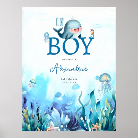Leuke walvis onder Zee Boy Baby shower Welkom Poster (Voorkant)
