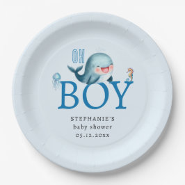 Leuke walvis onder Zee Waterverf Boy Baby shower Papieren Bordje
