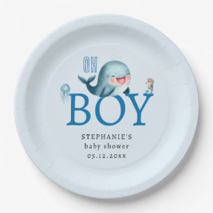 Leuke walvis onder Zee Waterverf Boy Baby shower Papieren Bordje