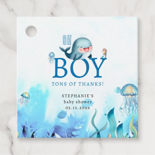 Leuke walvis onder Zee Waterverf jongen Baby showe Bedankjes Labels (Voorkant)