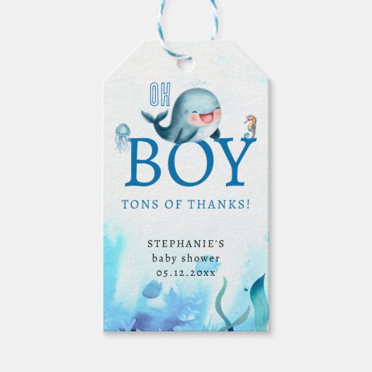 Leuke walvis onder Zee Waterverf jongen Baby showe Cadeaulabel (Voorkant)