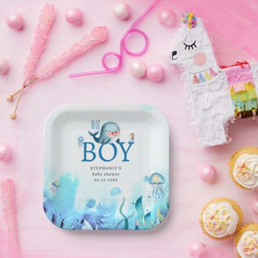Leuke walvis onder Zee Waterverf jongen Baby showe Papieren Bordje (Feest)