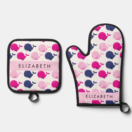 Leuke walvissen, Patroon van walvissen, Jouw naam Ovenwant & Pannenlap Set (Voorkant)