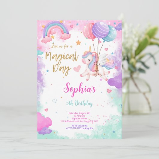 Leuke Water Kleur Eenhoorn Verjaardag Uitnodiging (Staand voorkant)