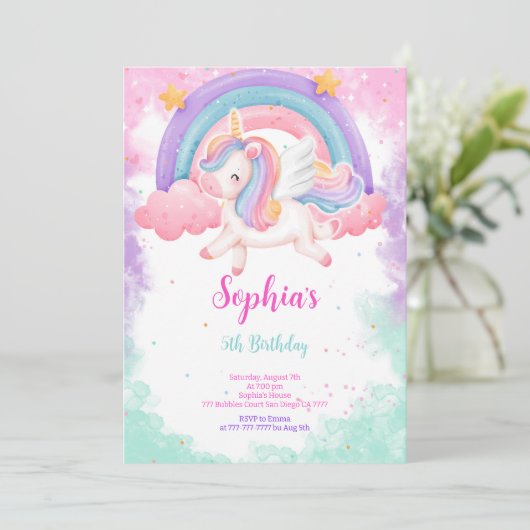 Leuke waterkleur eenhoorn uitnodiging (Staand voorkant)