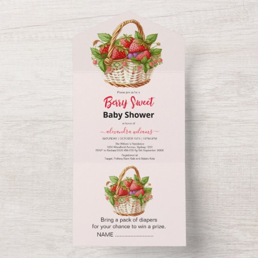 Leuke waterverf aardbei baby shower all in one uitnodiging (Binnen)
