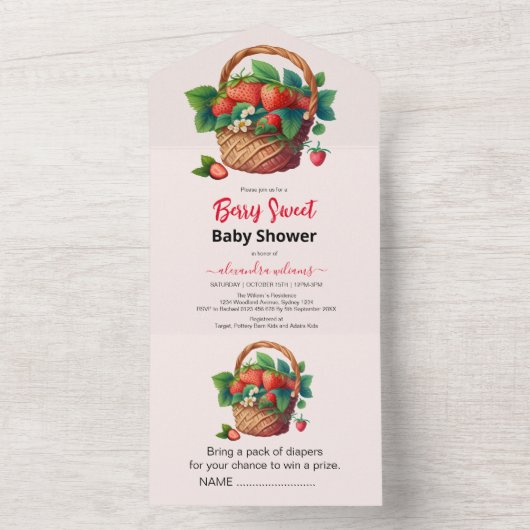 Leuke waterverf aardbei baby shower all in one uitnodiging (Binnen)