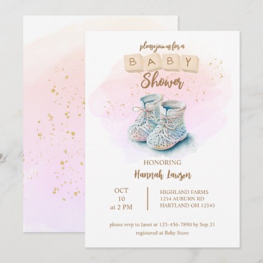 Leuke Waterverf Baby Schoen Meisje Baby shower Kaart (Voorkant / Achterkant)