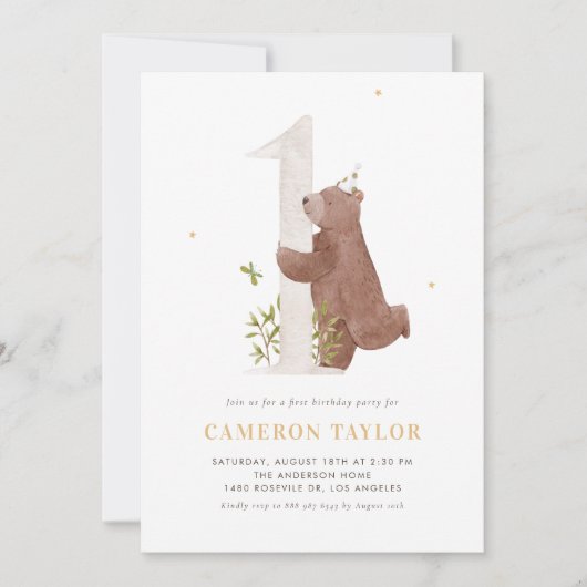 Leuke Waterverf Beer Woodland eerste verjaardagsfe Kaart (Voorkant)