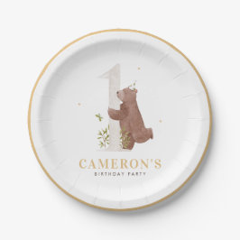 Leuke Waterverf Beer Woodland eerste verjaardagsfe Papieren Bordje