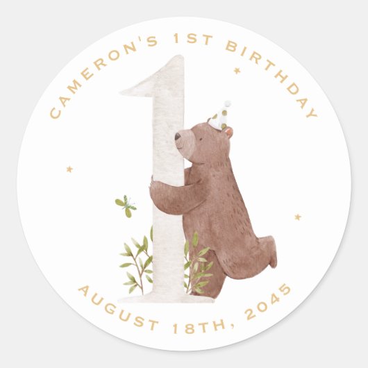 Leuke Waterverf Beer Woodland eerste verjaardagsfe Ronde Sticker (Voorkant)