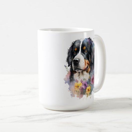 Leuke Waterverf Berner Berghond met Bloemen Koffiemok (Voorkant rechts)