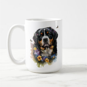 Leuke Waterverf Berner Berghond met Bloemen Koffiemok