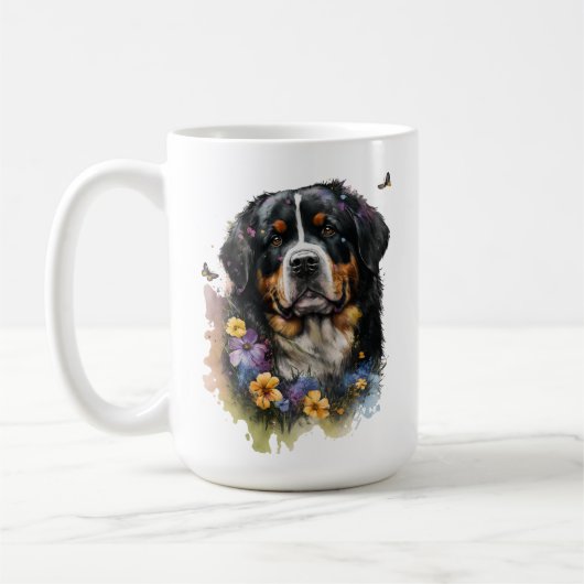 Leuke Waterverf Berner Berghond met Bloemen Koffiemok (Links)