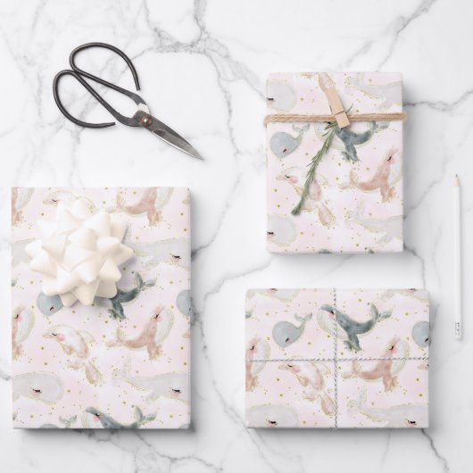 Leuke Waterverf Blush Roze Walvis Dolfijn Dier Inpakpapier Vel (Voorkant)