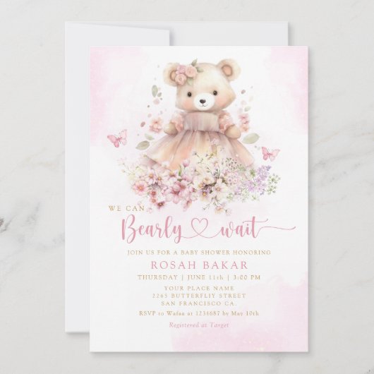 Leuke Waterverf Boho Teddy Bear Meisje Baby shower Kaart (Voorkant)