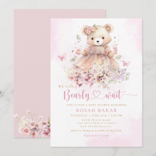 Leuke Waterverf Boho Teddy Bear Meisje Baby shower Kaart (Voorkant / Achterkant)