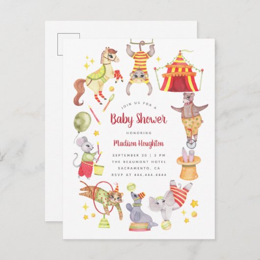 Leuke Waterverf Carnaval Circus Dier Baby shower Uitnodiging Briefkaart (Voorkant / Achterkant)