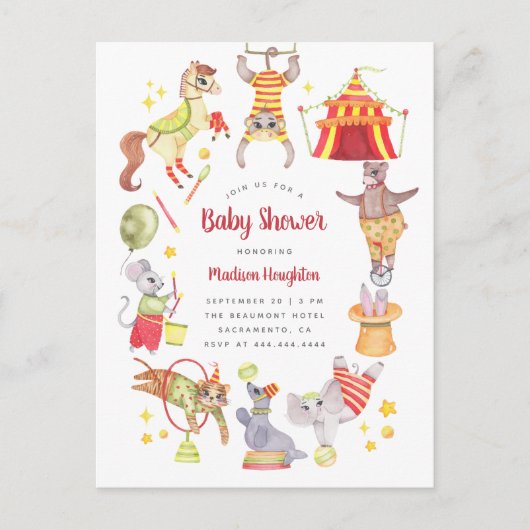 Leuke Waterverf Carnaval Circus Dier Baby shower Uitnodiging Briefkaart (Voorkant)