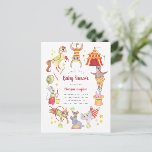 Leuke Waterverf Carnaval Circus Dier Baby shower Uitnodiging Briefkaart (Staand voorkant)