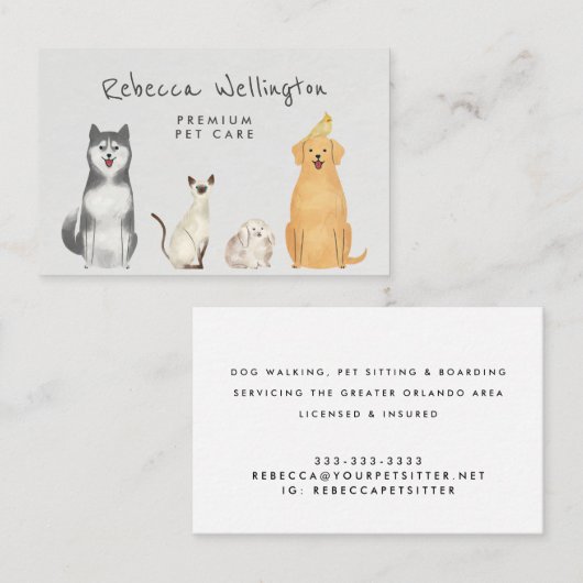 Leuke Waterverf Cat Dog Bunny Pet Sitter Walker Visitekaartje (Voorkant / Achterkant)