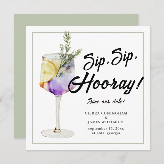 Leuke Waterverf Cocktail Sip Hooray Bruiloft Save The Date (Voorkant / Achterkant)
