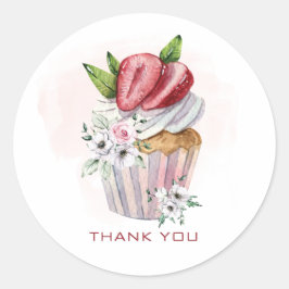 Leuke waterverf cupcake, aardbei, bloemig ronde sticker