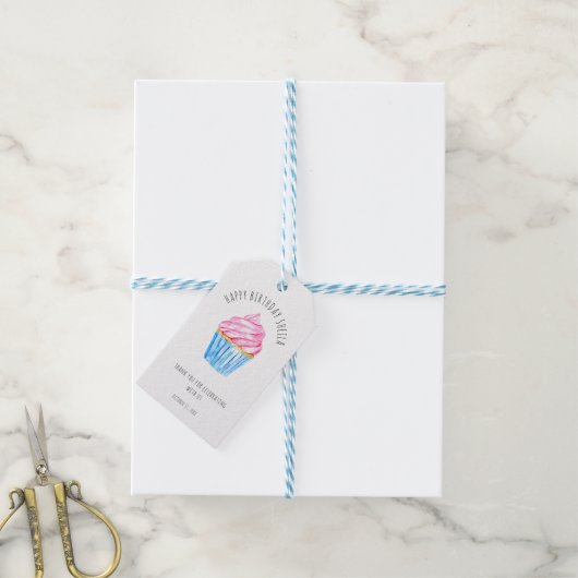 Leuke waterverf cupcake roze icing verjaardag cadeaulabel (Met Touw)