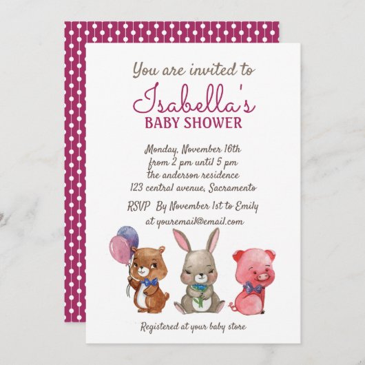 Leuke Waterverf Dieren Baby shower Kaart (Voorkant / Achterkant)