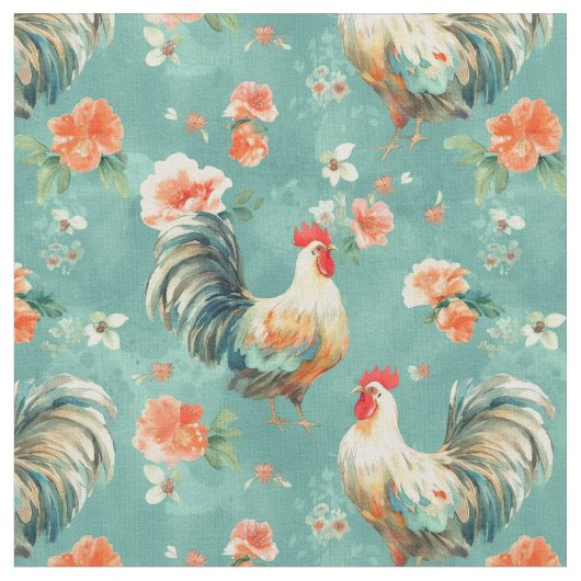 Leuke Waterverf Floral Chickens Stof (Close Up)