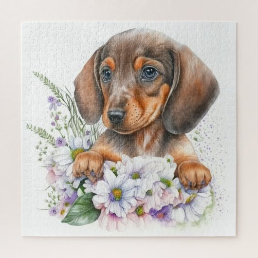 Leuke Waterverf Floral Dachshund Puppy Dog Legpuzzel (Verticaal)