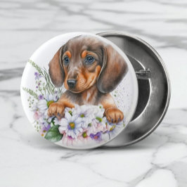 Leuke Waterverf Floral Dachshund Puppy Dog Ronde Button 3,2 Cm