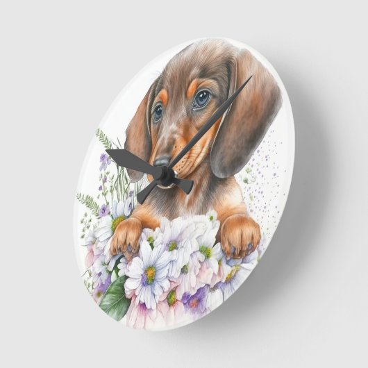 Leuke Waterverf Floral Dachshund Puppy Dog Ronde Klok (Hoek)