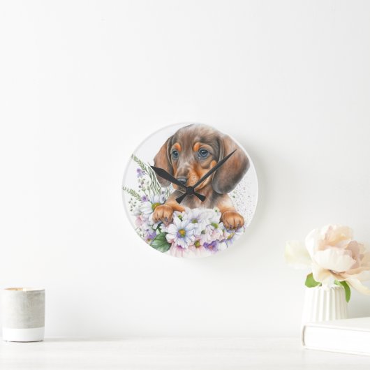 Leuke Waterverf Floral Dachshund Puppy Dog Ronde Klok (Huis)
