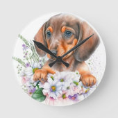 Leuke Waterverf Floral Dachshund Puppy Dog Ronde Klok (Voorkant)