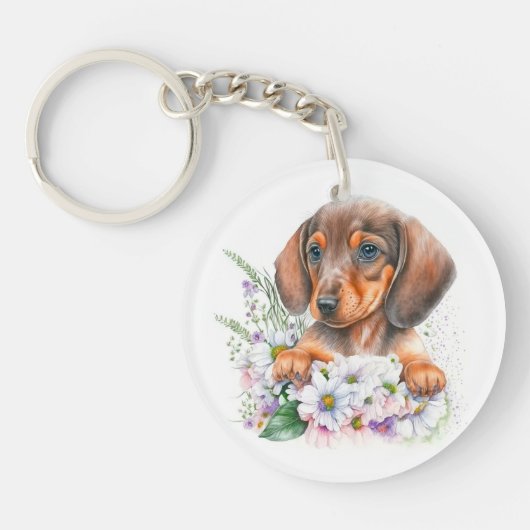 Leuke Waterverf Floral Dachshund Puppy Dog Sleutelhanger (Voorkant)