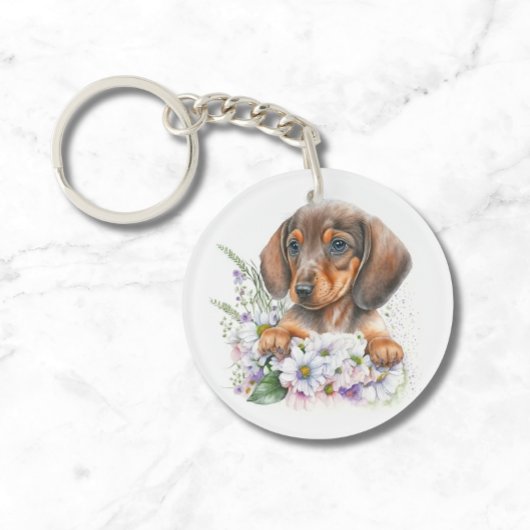 Leuke Waterverf Floral Dachshund Puppy Dog Sleutelhanger
